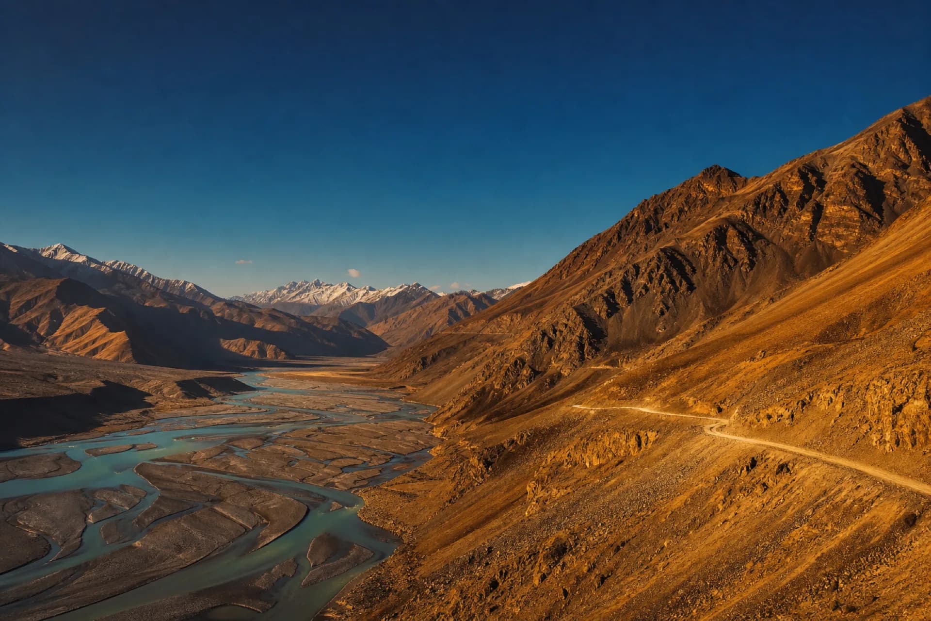 The Spiti Valley at golden hour: a braided turquoise river below bare ochre mountain slopes, snow peaks on the horizon.